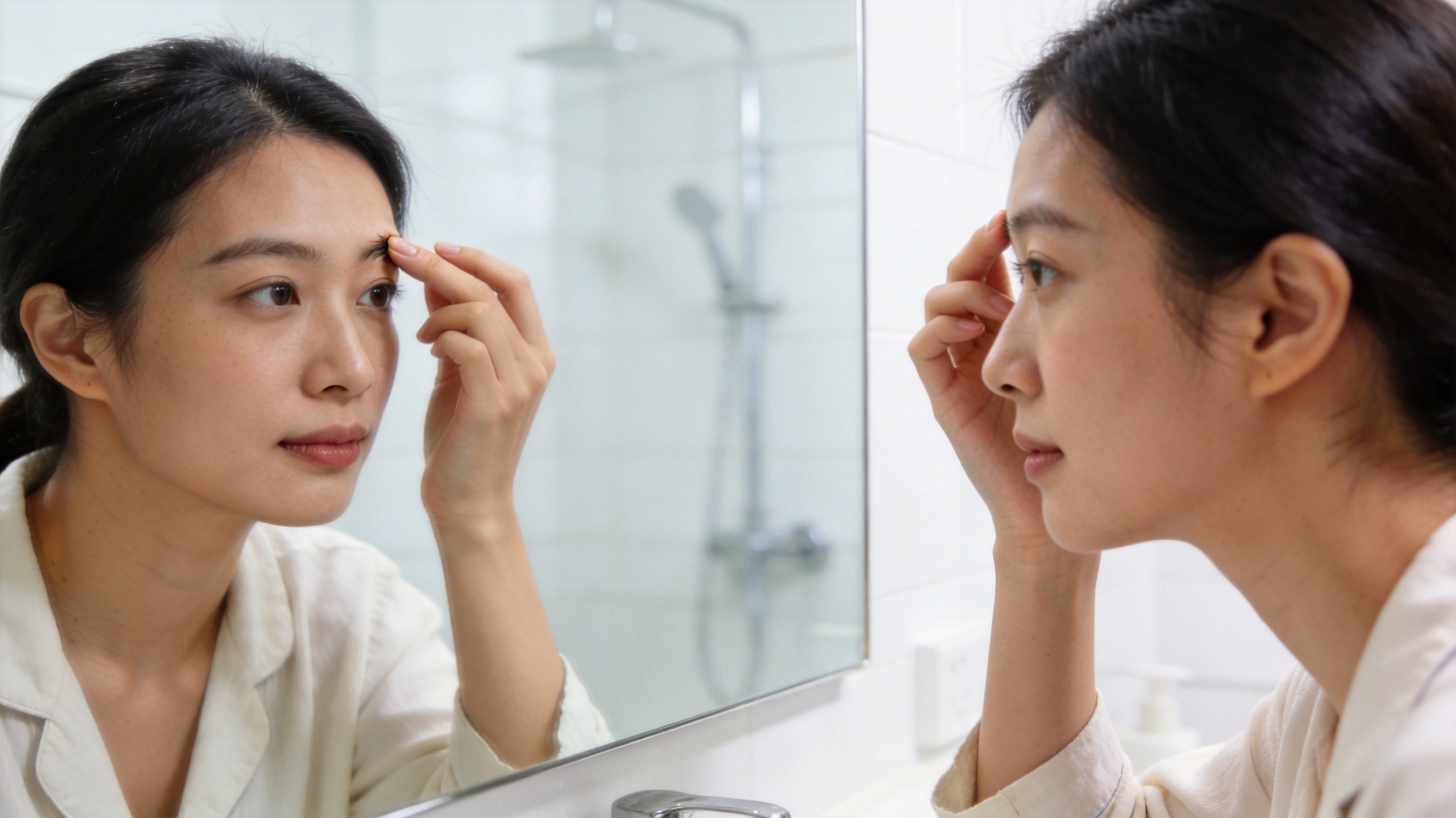 纹眉后对镜查看效果，眉形清晰自然，毛流感细腻